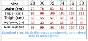 Detailed size chart for men's slim fit distressed black jeans with measurements