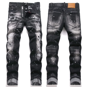 Men Slim Fit Distressed Jeans Cotton Denim Ripped Patchwork Paint Splatter Pants Streetwear Punk Style Black Skinny Jeans