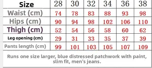 Size chart showing waist, hip, and length measurements for slim-fit ripped jeans