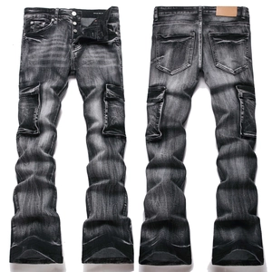 Men High Street Retro Black Washed Flare Jeans Multi Pocket Cotton Blend Stretch Slim Fit Cargo Denim Pants Streetwear