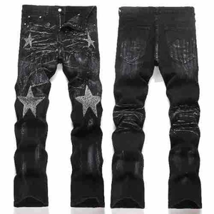 High Street Men Flared Jeans Distressed Black Denim Pants Rhinestone Star Patchwork Slim Fit Streetwear Trousers For Men