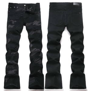 Jeans Évasé Noir Homme High Street en Coton Broderie Détériorée Coupe Ajustée Pantalon en Denim Punk Streetwear Masculin