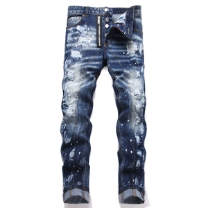 Men Distressed Ripped Punk Streetwear Jeans Slim Fit Paint Splatter Denim Pants Washed Cotton Trousers For Men Fashion