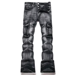 Mens slim fit cargo jeans in washed black grey featuring multi-pocket design and button fly