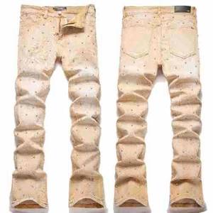 Herren High Street Gelbe Nieten Schlagjeans Strass Distressed Stacked Denim Hose Streetwear Clubwear Herren Hosen
