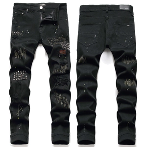 Men Streetwear Distressed Ripped Skinny Jeans Black Denim Pants Metal Rivets Paint Splatter Embroidery Slim Fit Casual Pants