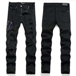 Herren Slim Fit Ripped Jeans Kobra Schlange Bestickung Distressed Schwarz Baumwollmischung Denim Skinny High Street Fashion Hose