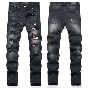Pantaloni Jeans Skinny Uomo High Street Denim Elasticizzato Nero Strappato con Strass Patchwork e Schizzi di Vernice Hip Hop Punk