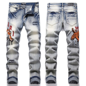 Retro Blue Men Skinny Denim Jeans Tiger Embroidery Patch Distressed Stretch Streetwear Casual Long Pants For Men