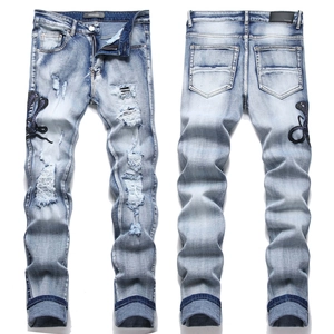 Herren Skinny Jeans Baumwolle Blau Kobra Bestickt Zerrissen Gewaschen Streetwear Denim Hose Lässig Pants Für Männer