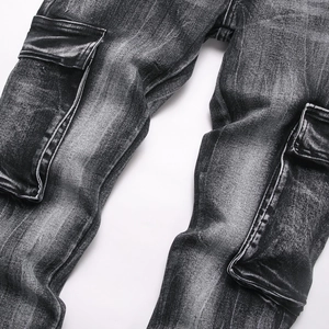 Slim fit black high street cargo jeans with multi-pocket design and vintage washed finish