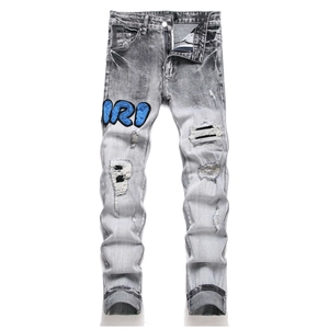 Men's slim grey distressed jeans with blue IRO 3D embroidery and vintage repairs