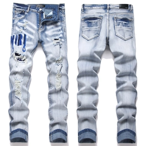 Jeans Skinny High Street pour Hommes Bleu Lavé Délavé Déchiré Pantalon en Denim Avec Broderie Badge Lettres Coupe Ajustée