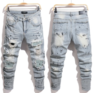 Men High Street Ripped Jeans Distressed Cotton Denim Pants Slim Fit Patchwork Paint Splatter Streetwear Trousers For Youth
