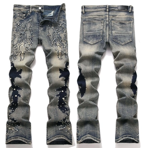 Jean Évasé en Denim Délavé Bleu Rétro pour Hommes High Street Punk Patch Étoile Broderie Künstliche Perles Hip Hop Streetwear