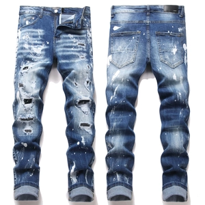 High Street Men Distressed Ripped Slim Fit Denim Jeans With Embroidery Splatter Paint Patches Streetwear Blue Cotton Pants