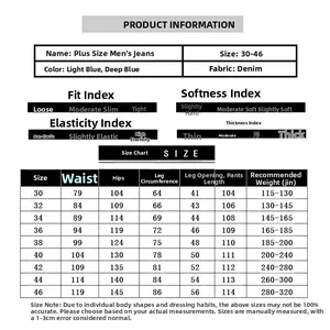 Size chart for big and tall men's straight jeans with waist and weight measurements