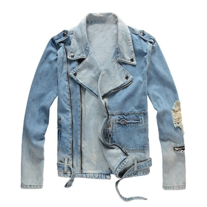 Mens American Vintage Distressed Denim Jacket Heavy Wash Motorcycle Style Slim Fit Long Sleeve Cotton Jean Coat Light Blue Outwear