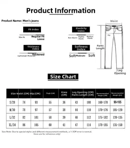 Detailed size chart for men flare jeans including waist and hip measurements