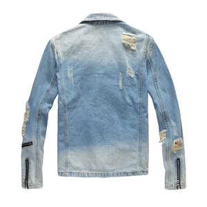 Men's retro light blue ripped denim jacket with back distressing and zipper cuffs