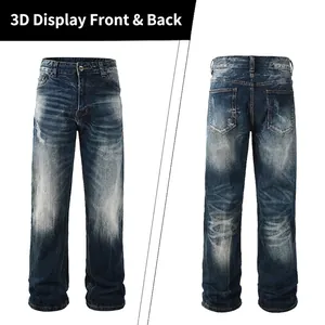 Men's retro loose straight-leg denim jeans in washed blue with vintage distressed details