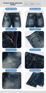 Detailed views of vintage blue straight-leg jeans with copper zipper and pocket stitching