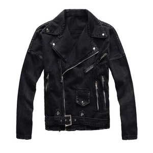 Men Washed Black Cotton Denim Motorcycle Jacket Punk Slim Fit Diagonal Zipper Short Streetwear Coat For Men Outwear