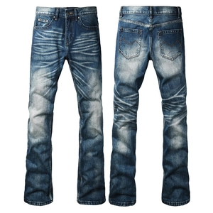Slim fit flared blue jeans for men with vintage wash and M-shape back pocket embroidery