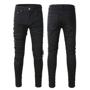 Herren Streetwear Slim Fit Stretch Jeans Schwarz Biker Moto Stil Zerrissen Patchwork Baumwollmischung Denim Hose Für Männer