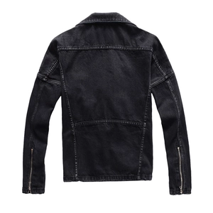 Detail of the back seams and silver zipper cuffs on this black washed denim biker jacket
