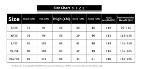 Tableau des tailles détaillé avec mesures pour jeans évasés streetwear pour hommes