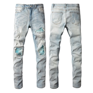 Men's High Street Slim Fit Ripped Jeans Light Blue Distressed Cotton Blend Denim Pants With Blue Pleated Patch Streetwear