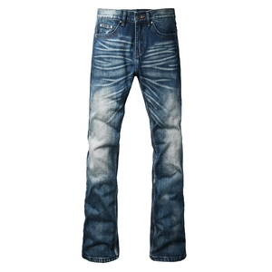 Men's slim fit flared jeans in washed dark blue with vintage distressed whiskers effect