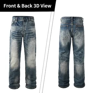 Front and back view of mid-blue straight-leg men's jeans with vintage wash and distressed detail