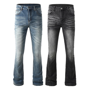 Jeans Évasés Rétro pour Hommes en Coton Extensible Lavé Vieilli Moustaches Pantalons en Denim Streetwear Décontracté