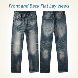 Premium loose-fit straight-leg jeans in dark blue wash with front whiskering effects