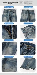 Detailed views of vintage wash denim, copper zipper, patches and stitching on men's jeans