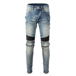 Men's slim fit biker jeans in light blue wash with black ribbed panels and zipper details