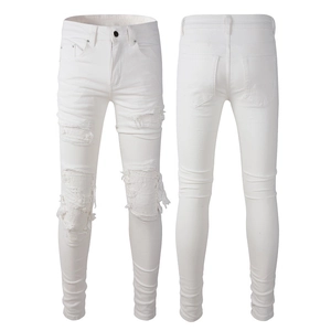 Detailed front and back view of white slim-fit biker jeans with distressed ripped knees
