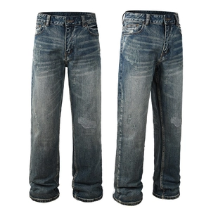 Men's retro washed straight leg jeans with vintage distressed details and denim texture