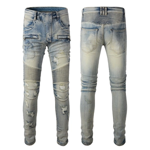 Men's Biker Denim Jeans Slim Fit Ripped Distressed Moto Pants With Metal Zippers Stretch Cotton Vintage Streetwear For Men