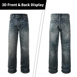 Classic straight-leg dark blue washed denim jeans for men with relaxed fit and five pockets