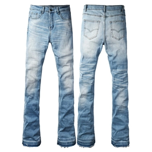 Front and back view of light blue flared jeans with vintage washed and raw hem detail