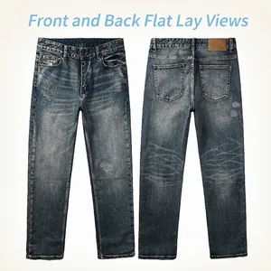 Classic straight leg blue denim jeans with vintage wash and distressed detail for men