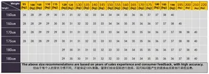 Detailed size chart for graffiti jeans showing height and weight recommendations