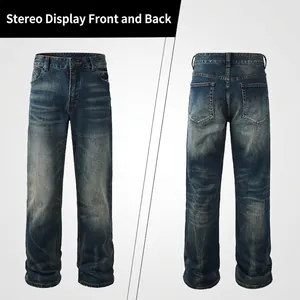 Front and back view of men's loose fit straight leg jeans in washed dark blue denim