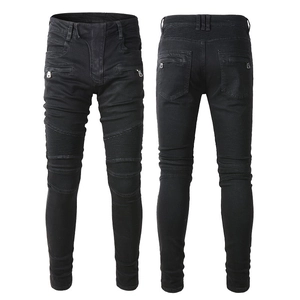 Men's slim fit black biker jeans with pleated knee panels and metal zipper pockets