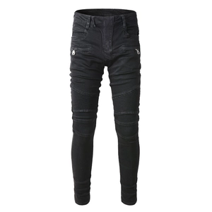 Jeans biker uomo slim neri con dettagli sulle ginocchia e cerniere decorative