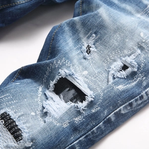 Blue high street men's stretch skinny jeans with distressed embroidery and paint splatter