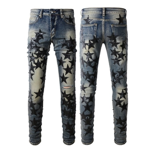 Men's American Trend Slim Fit Denim Jeans With Black Star Leather Patches Distressed Washed Streetwear Tapered Pants